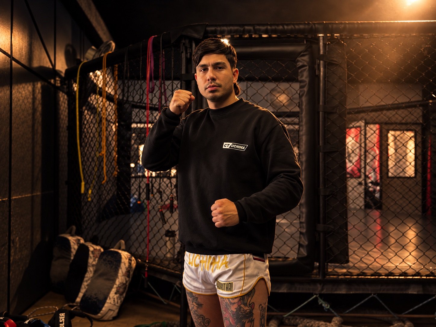 Treinador Marcelo Najar em posição de luta no CT Uchiha
